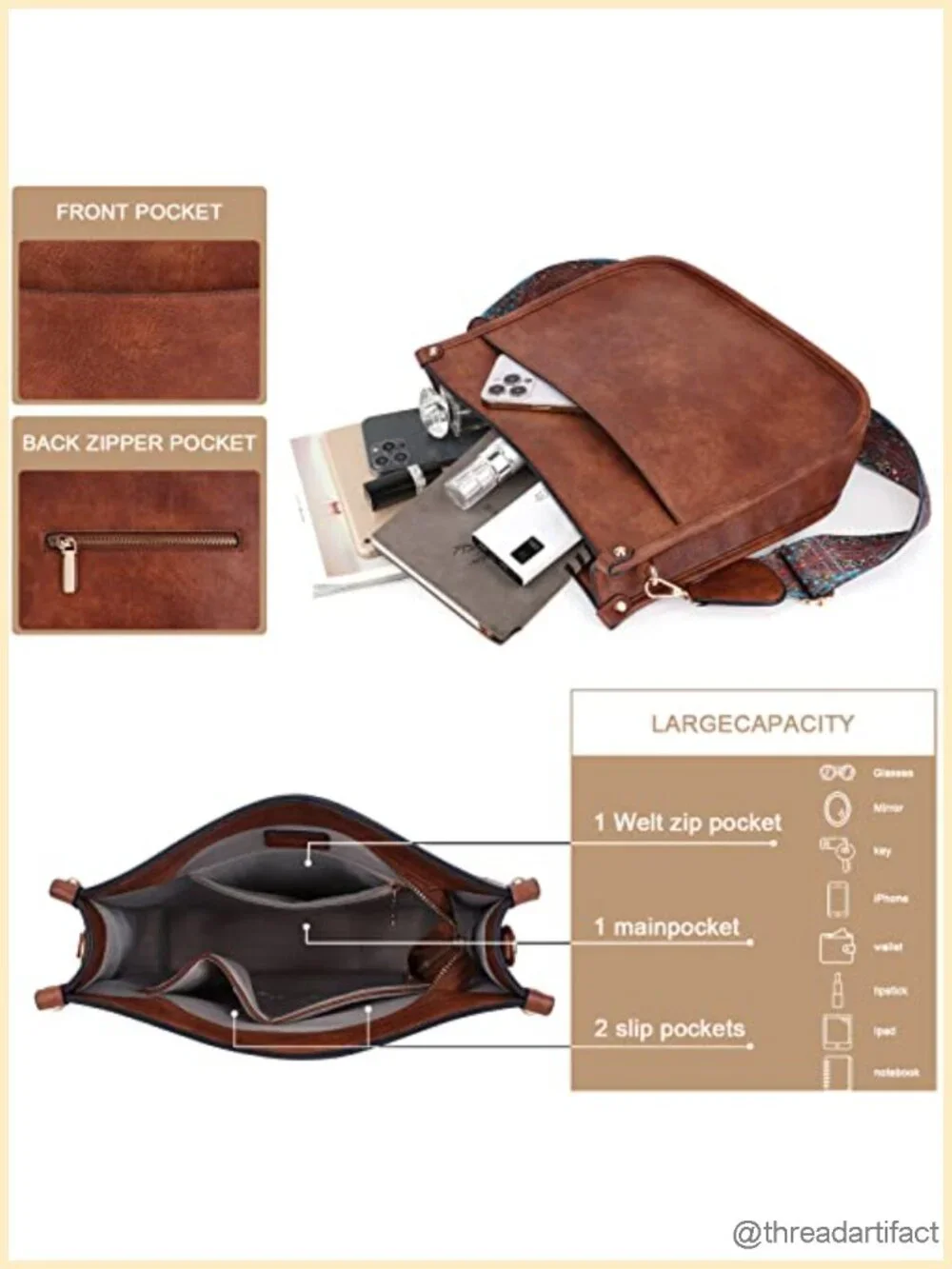 Vegan Leather Hobo Crossbody Bag with 2 Adjustable Guitar Straps